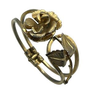 Gold tone rose flower clamper hinged vintage bracelet